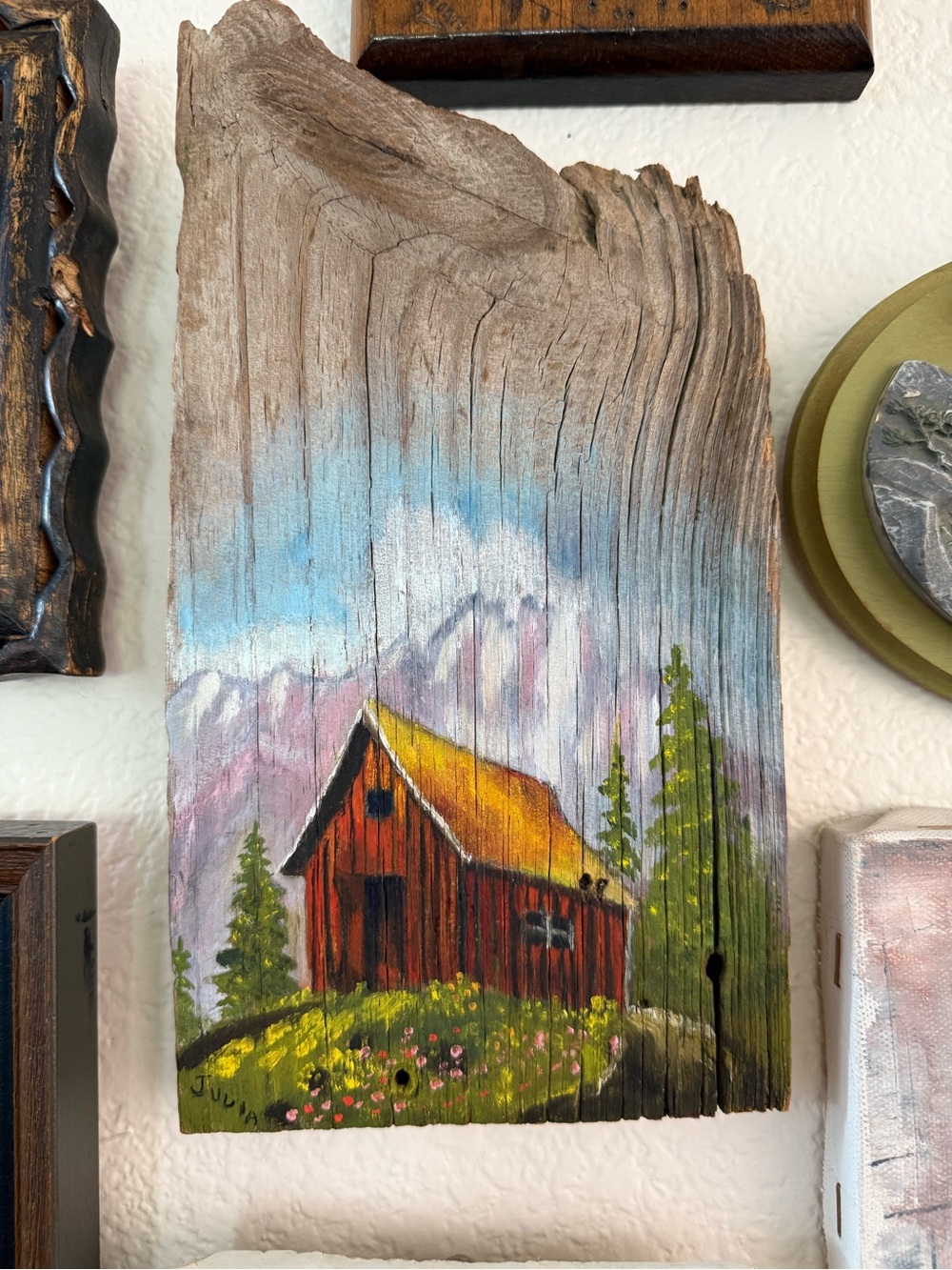 Original Signed Oil on Wood Red Barn with Yellow Roof Painting - Picture 2 of 9